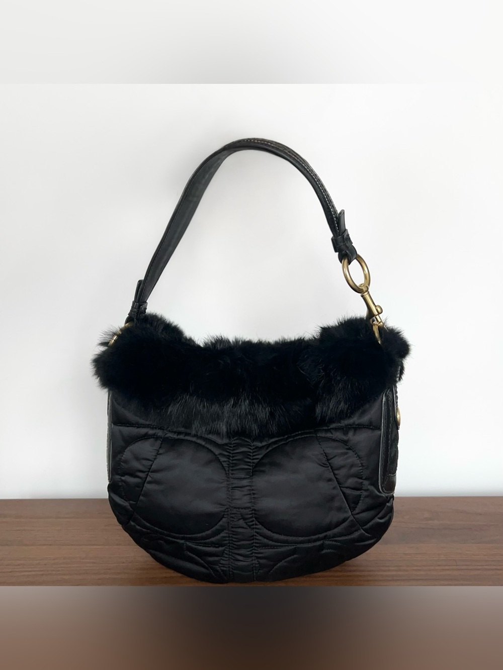 Vintage 2005 Coach Black Quilted Signature Rabbit Fur Trimmed Shoulder Bag
